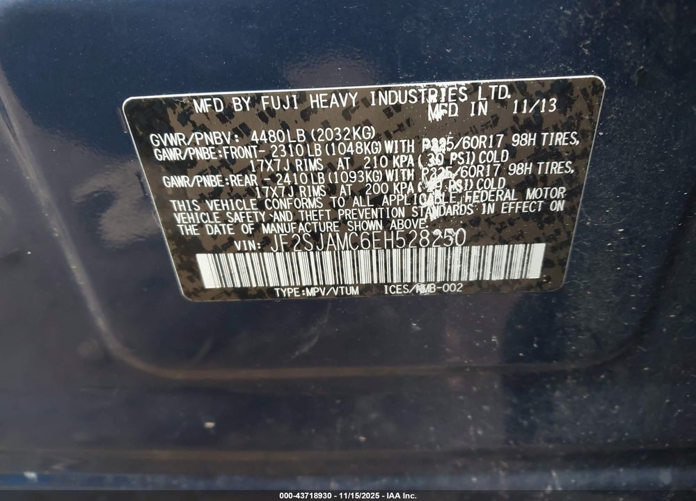 2014 SUBARU FORESTER 2.5I TOURING VIN: JF2SJAMC6EH528250
