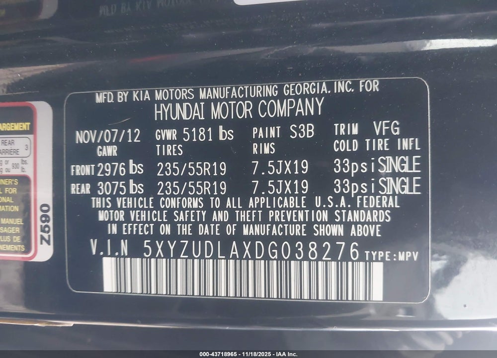2013 HYUNDAI SANTA FE SPORT 2.0T VIN: 5XYZUDLAXDG038276