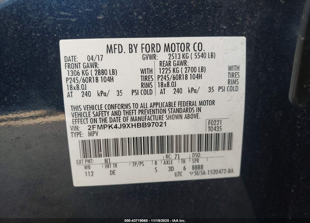2017 FORD EDGE SEL VIN: 2FMPK4J9XHBB97021