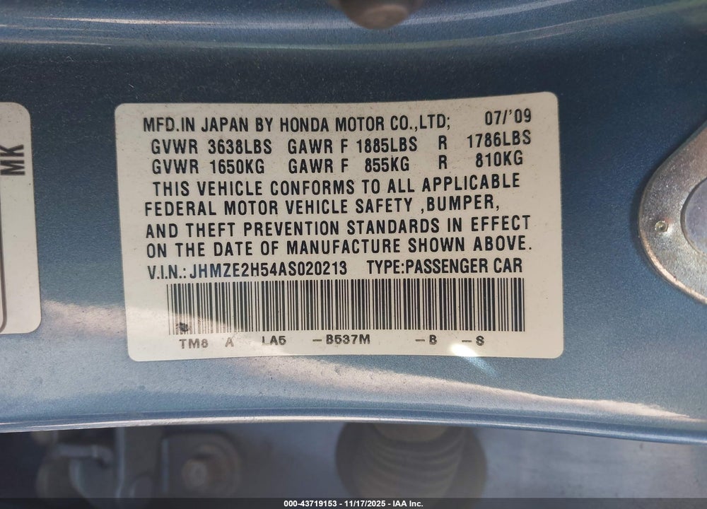 2010 HONDA INSIGHT LX VIN: JHMZE2H54AS020213