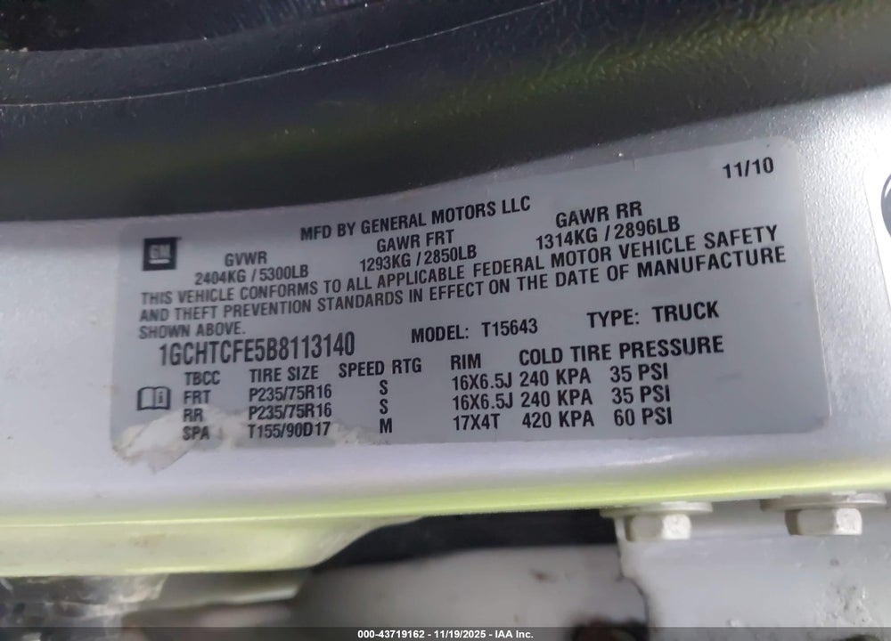 2011 CHEVROLET COLORADO 1LT VIN: 1GCHTCFE5B8113140