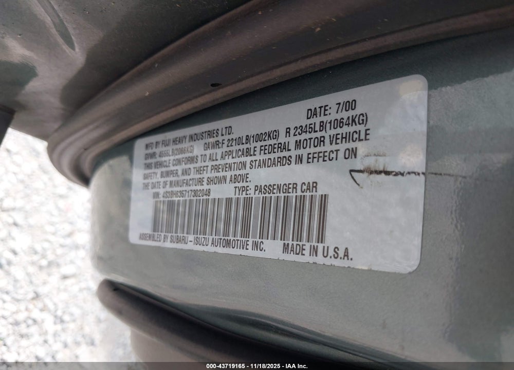 2001 SUBARU LEGACY L VIN: 4S3BH635717302048