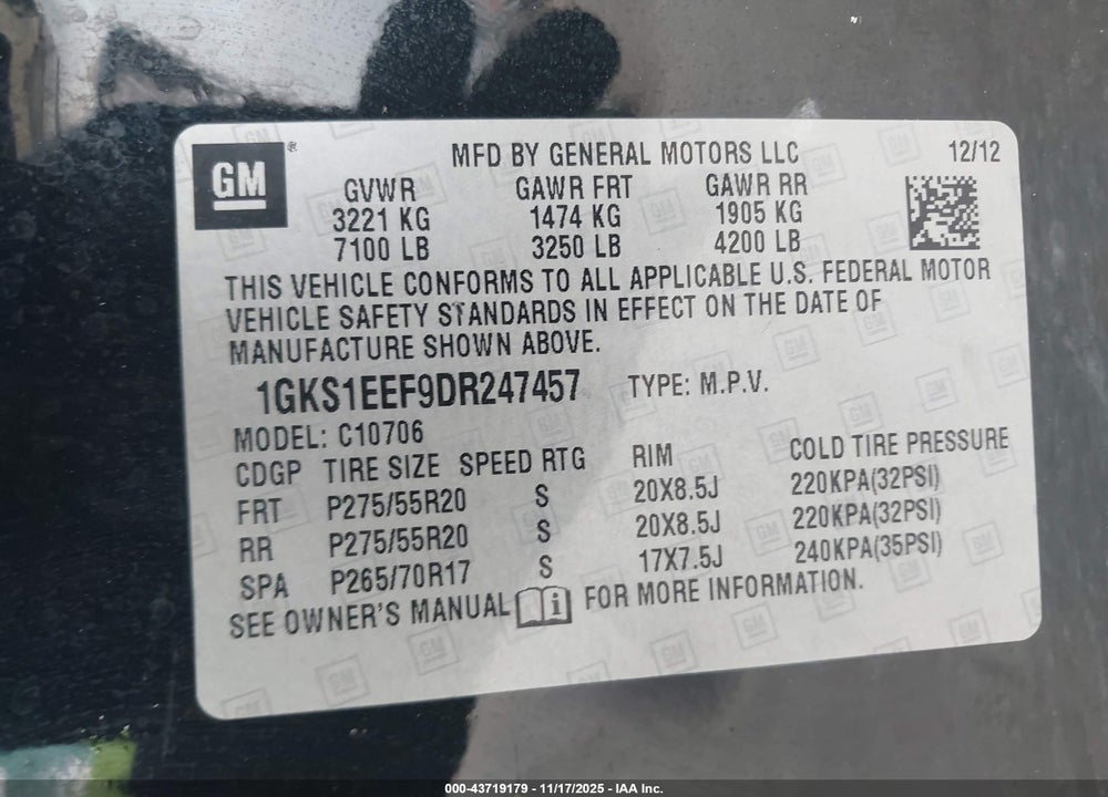 2013 GMC YUKON VIN: 1GKS1EEF9DR247457