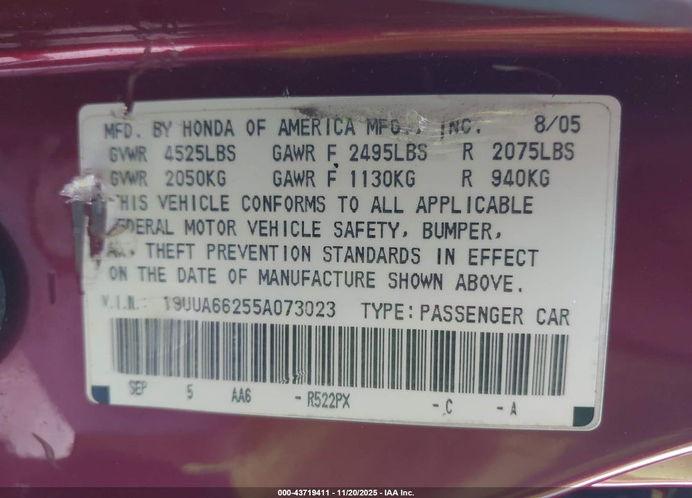 2005 ACURA TL VIN: 19UUA66255A073023