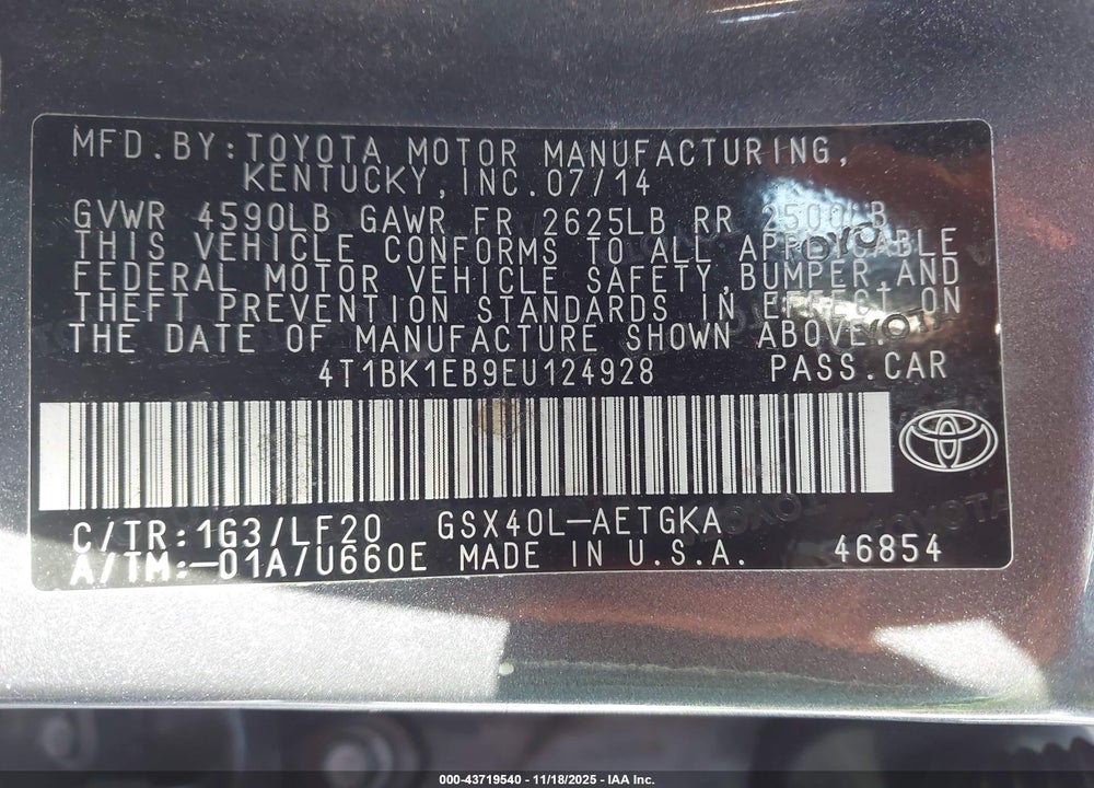 2014 TOYOTA AVALON XLE PREMIUM VIN: 4T1BK1EB9EU124928