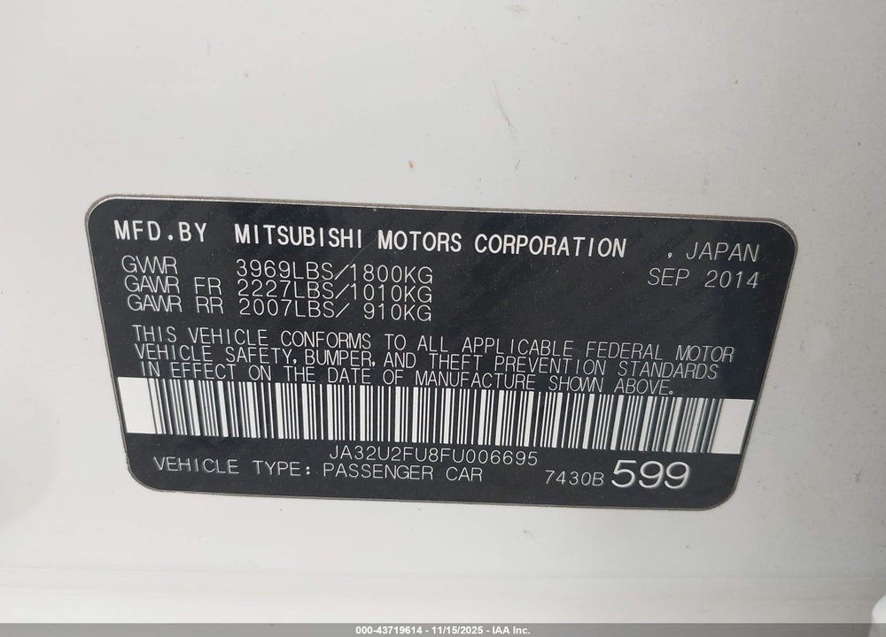 2015 MITSUBISHI LANCER ES VIN: JA32U2FU8FU006695