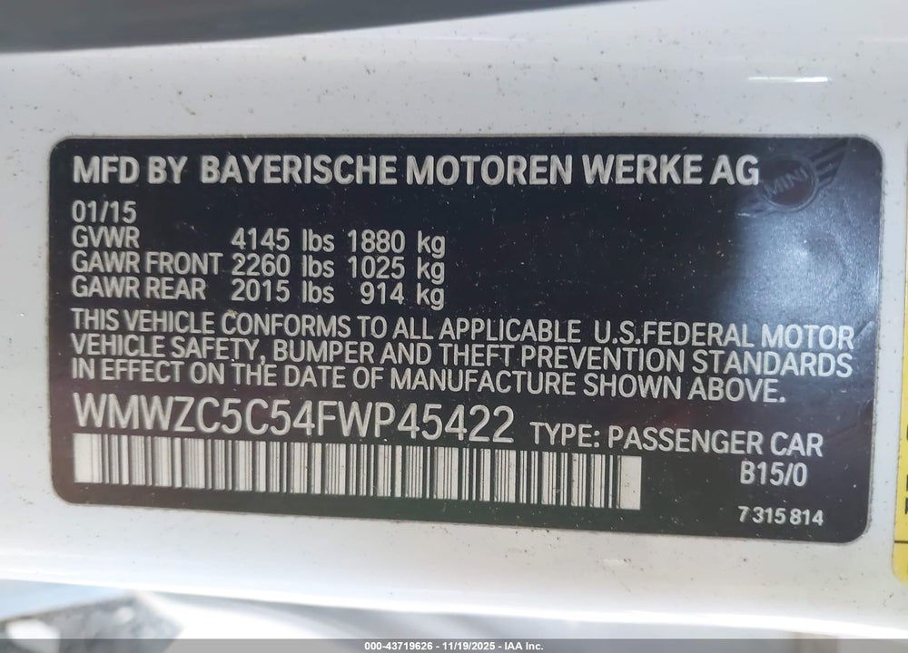 2015 MINI COUNTRYMAN COOPER S VIN: WMWZC5C54FWP45422