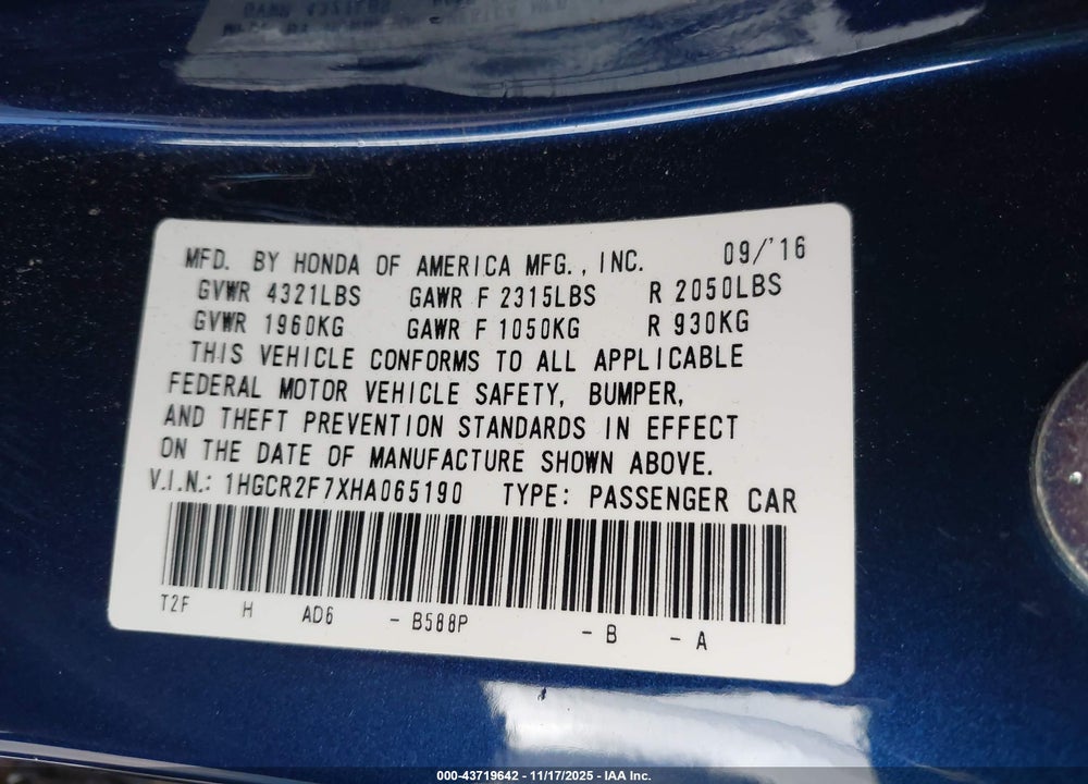 2017 HONDA ACCORD EX VIN: 1HGCR2F7XHA065190