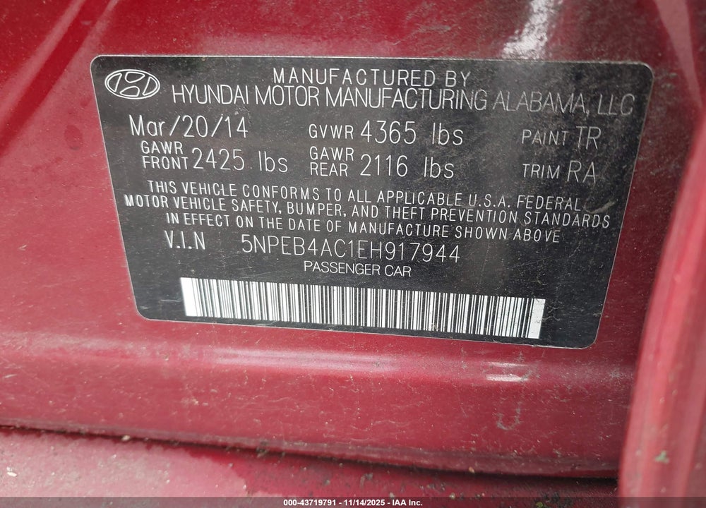2014 HYUNDAI SONATA GLS VIN: 5NPEB4AC1EH917944