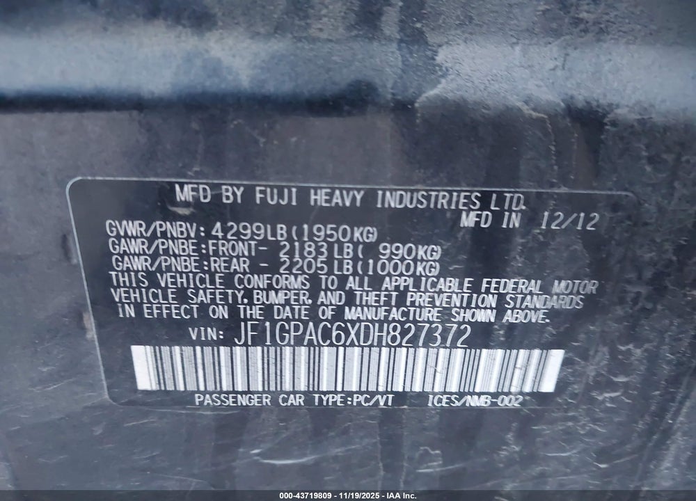 2013 SUBARU IMPREZA VIN: JF1GPAC6XDH827372