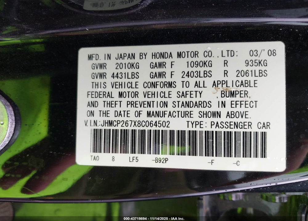 2008 HONDA ACCORD 2.4 EX VIN: JHMCP267X8C064502