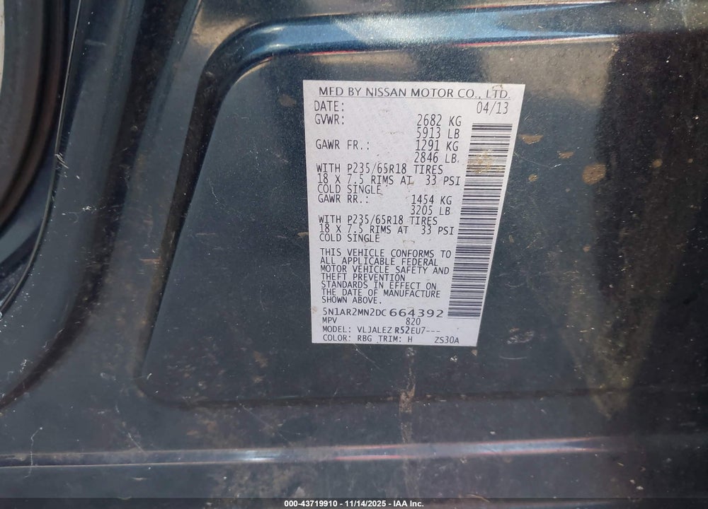 2013 NISSAN PATHFINDER SV VIN: 5N1AR2MN2DC664392