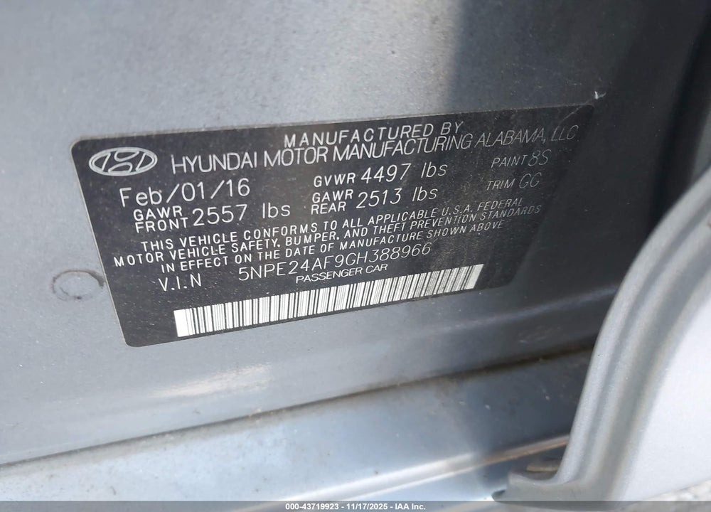 2016 HYUNDAI SONATA VIN: 5NPE24AF9GH388966