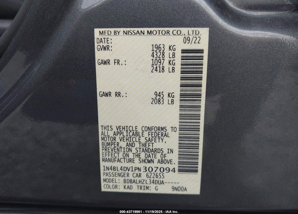 2023 NISSAN ALTIMA VIN: 1N4BL4DV1PN307094