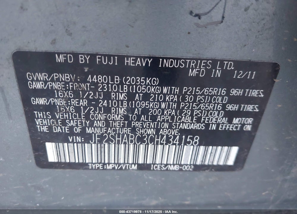 2012 SUBARU FORESTER 2.5X VIN: JF2SHABC3CH434158
