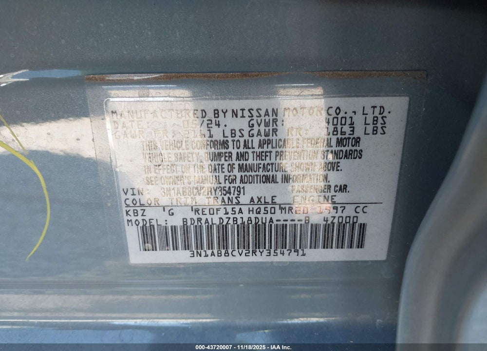 2024 NISSAN SENTRA VIN: 3N1AB8CV2RY354791