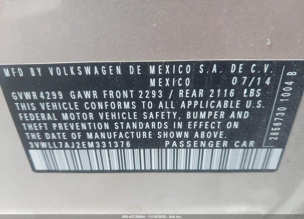 2014 VOLKSWAGEN JETTA 2.0L TDI VALUE EDITION VIN: 3VWLL7AJ2EM331376