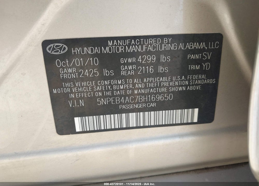 2011 HYUNDAI SONATA GLS VIN: 5NPEB4AC7BH169650