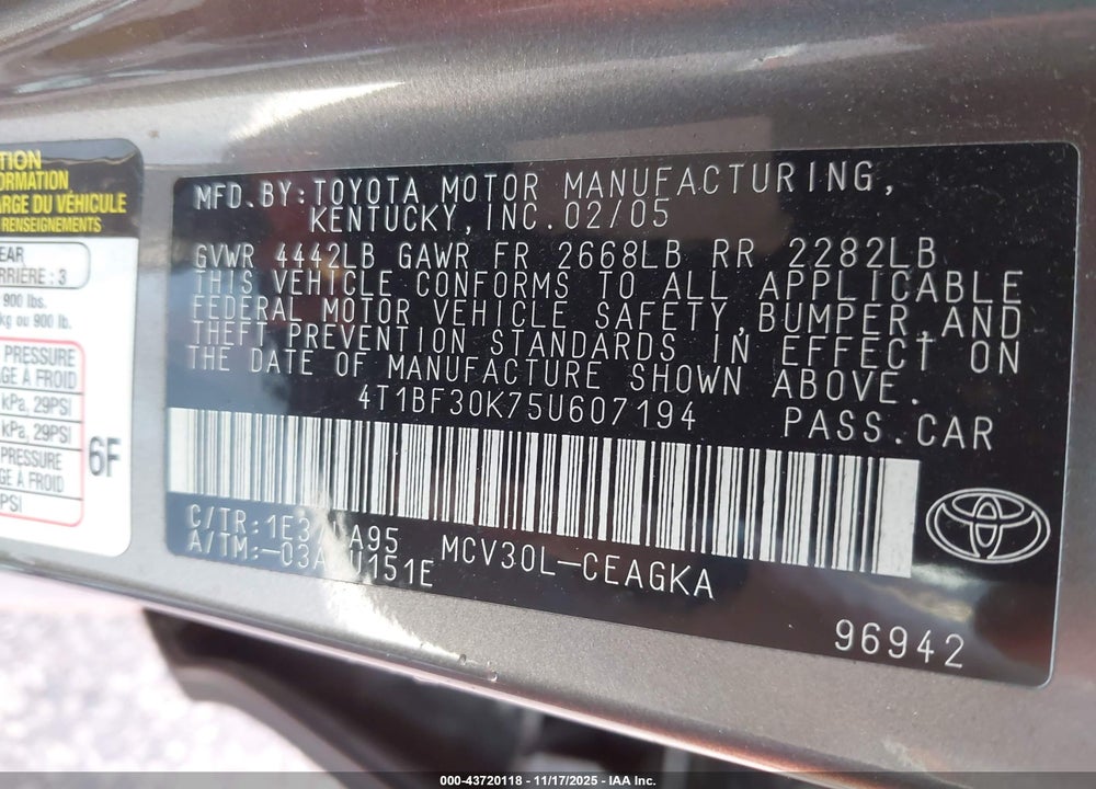 2005 TOYOTA CAMRY XLE V6 VIN: 4T1BF30K75U607194