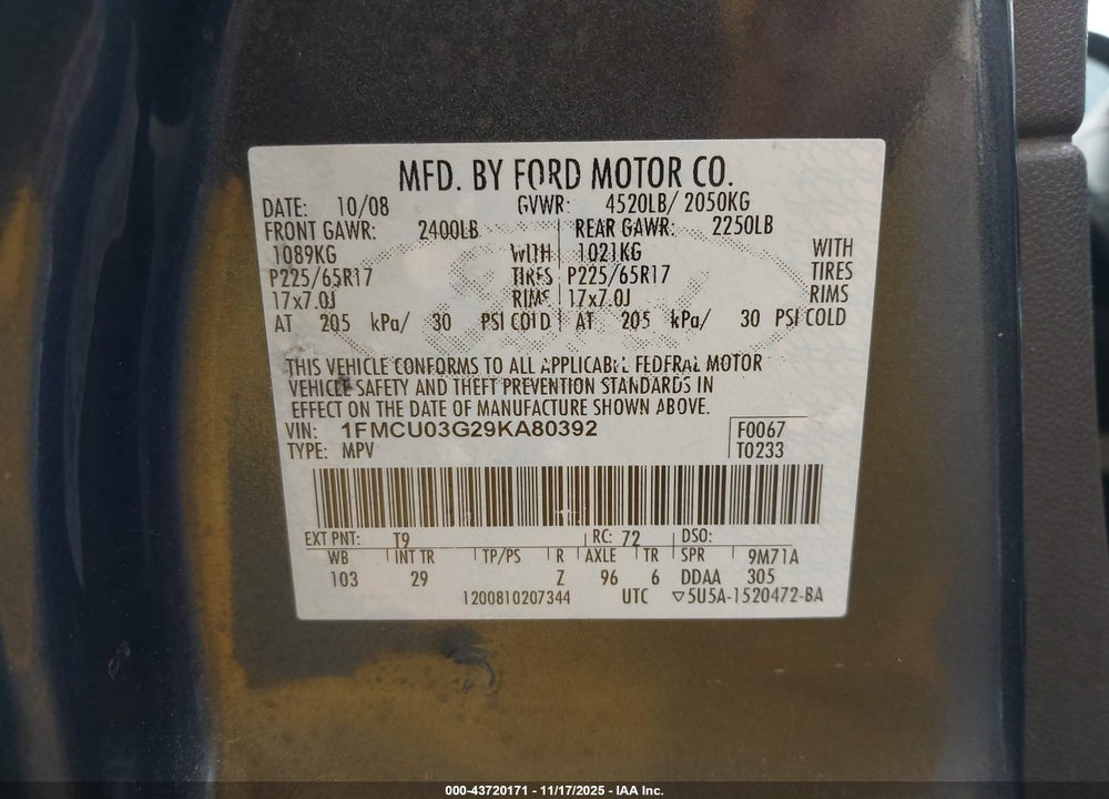 2009 FORD ESCAPE XLT VIN: 1FMCU03G29KA80392