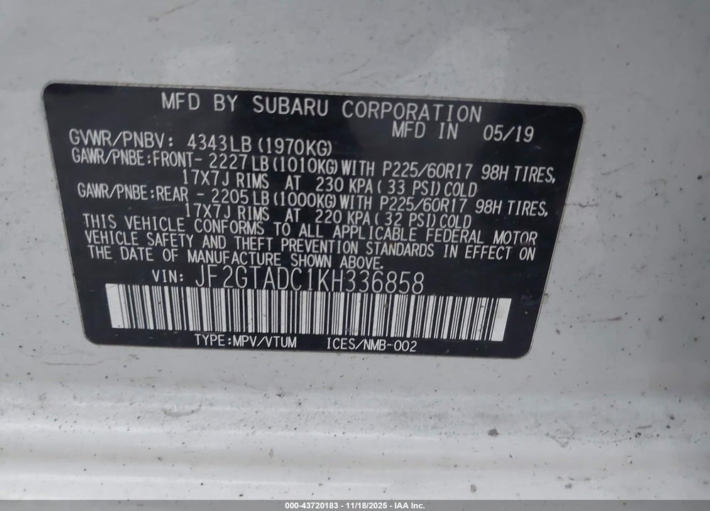 2019 SUBARU CROSSTREK VIN: JF2GTADC1KH336858
