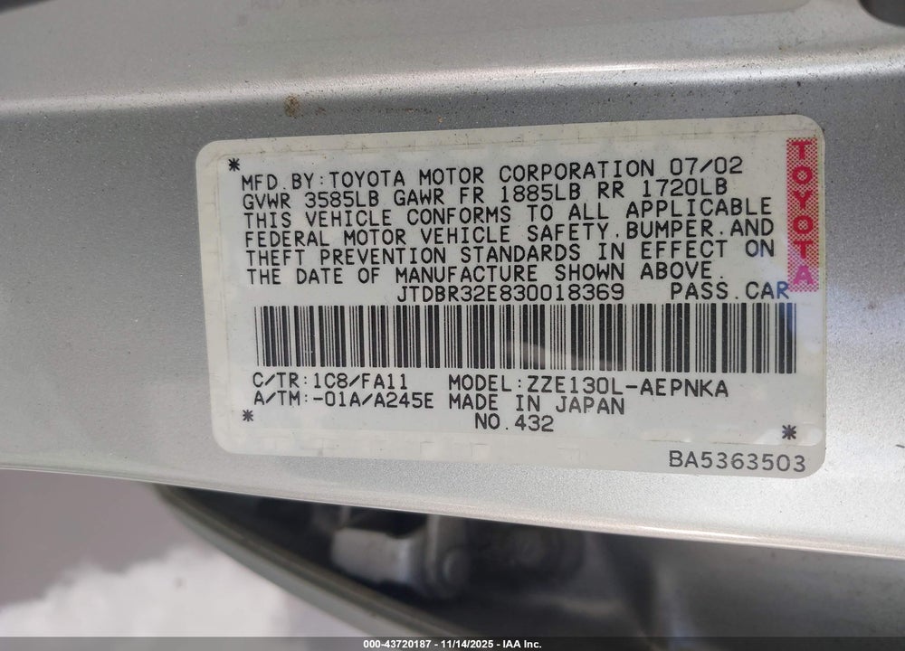 2003 TOYOTA COROLLA LE VIN: JTDBR32E830018369