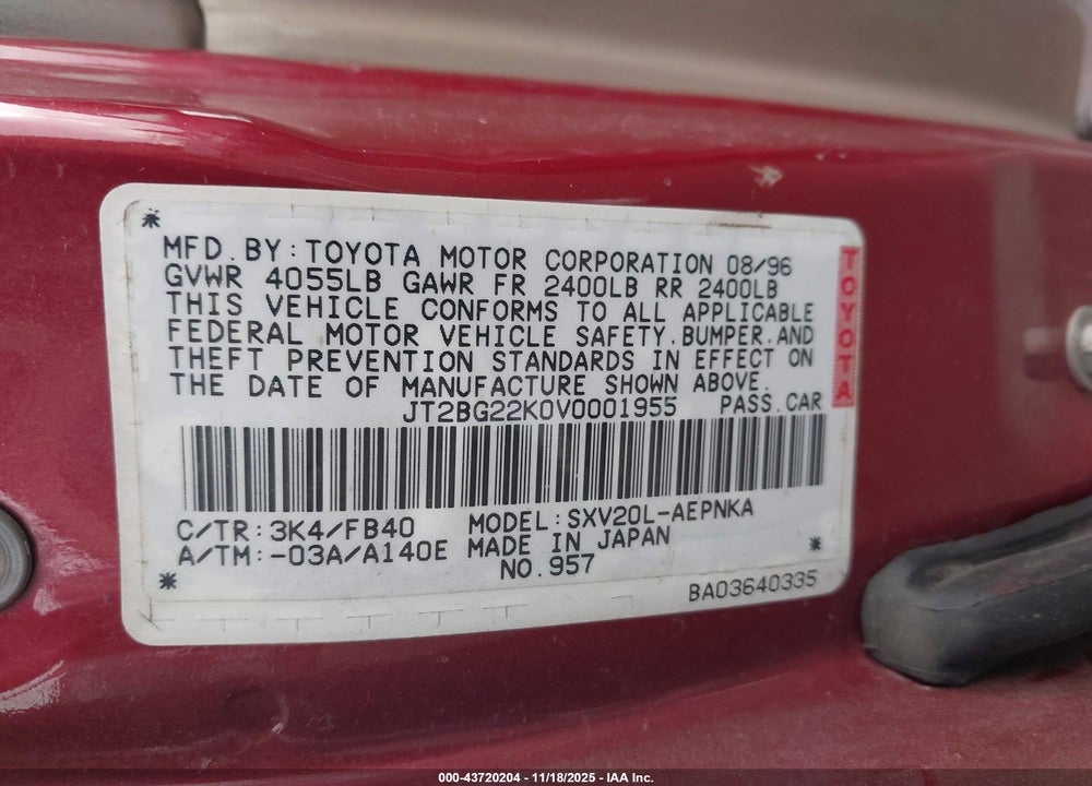 1997 TOYOTA CAMRY LE VIN: JT2BG22K0V0001955