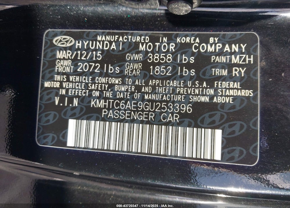 2016 HYUNDAI VELOSTER TURBO VIN: KMHTC6AE9GU253396