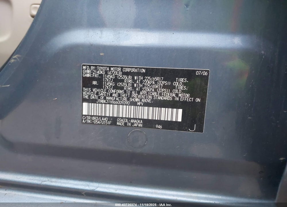 2006 TOYOTA RAV4 VIN: JTMBK31VX66009390