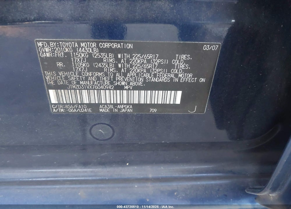 2007 TOYOTA RAV4 VIN: JTMZD31VX76040942