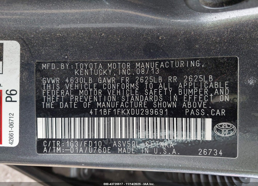 2013 TOYOTA CAMRY LE VIN: 4T1BF1FKXDU299691