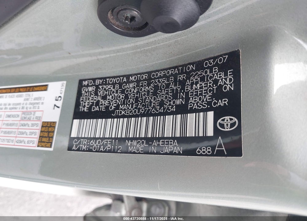2007 TOYOTA PRIUS VIN: JTDKB20U977634734