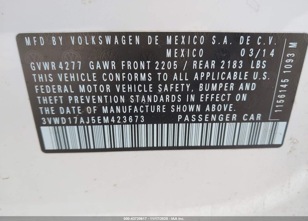 2014 VOLKSWAGEN JETTA 1.8T SE VIN: 3VWD17AJ5EM423673