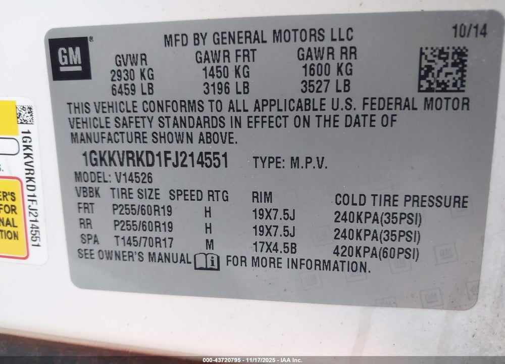 2015 GMC ACADIA SLT-1 VIN: 1GKKVRKD1FJ214551