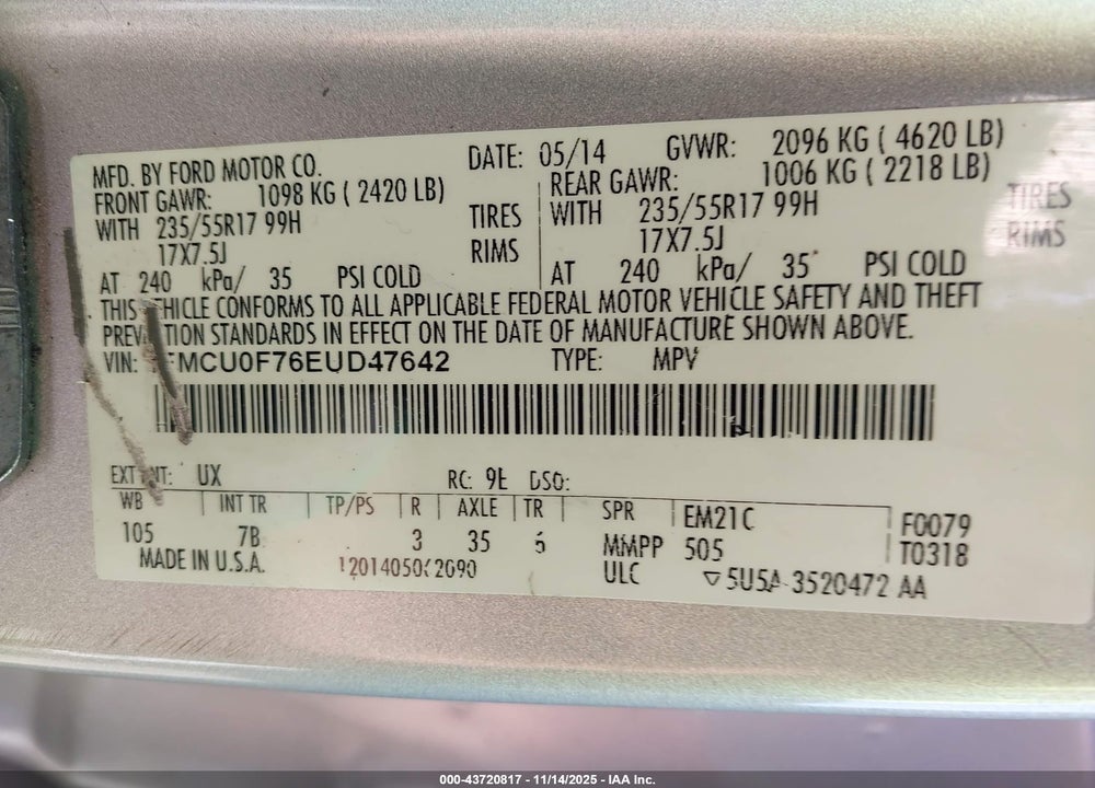 2014 FORD ESCAPE S VIN: 1FMCU0F76EUD47642