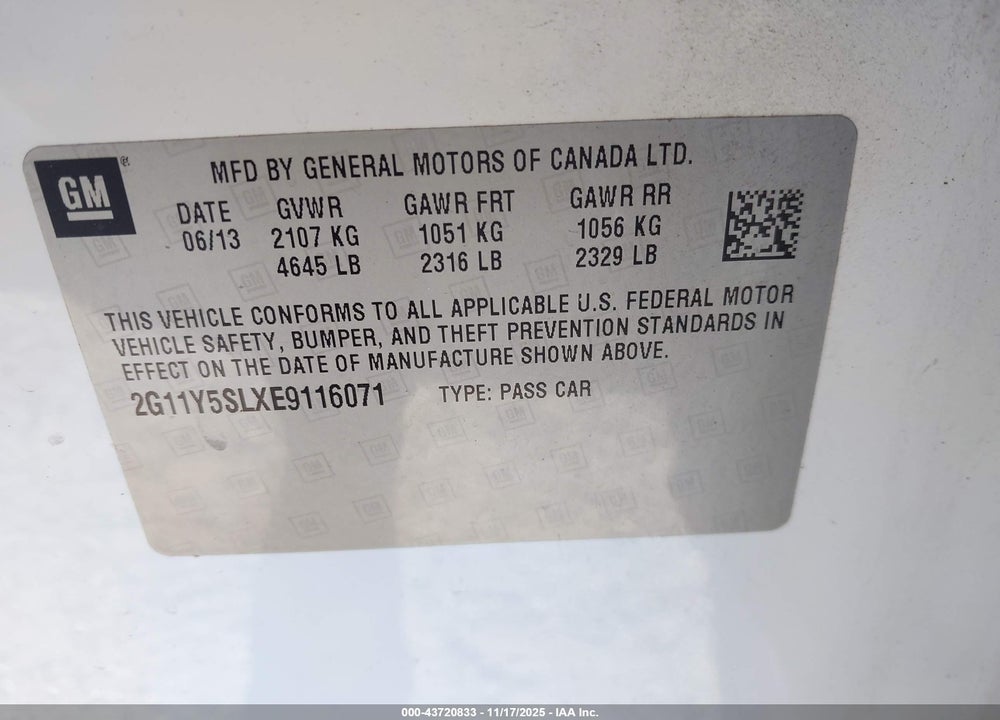 2014 CHEVROLET IMPALA VIN: 2G11Y5SLXE9116071