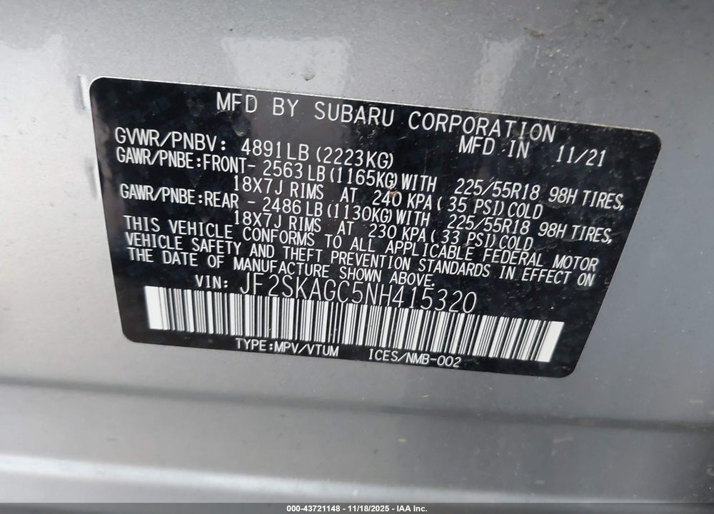 2022 SUBARU FORESTER SPORT VIN: JF2SKAGC5NH415320
