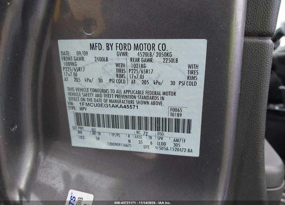 2010 FORD ESCAPE LIMITED VIN: 1FMCU0EG1AKA45571