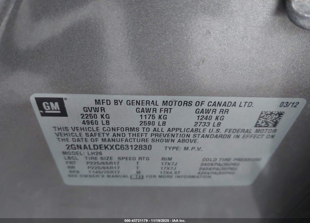 2012 CHEVROLET EQUINOX 1LT VIN: 2GNALDEKXC6312830