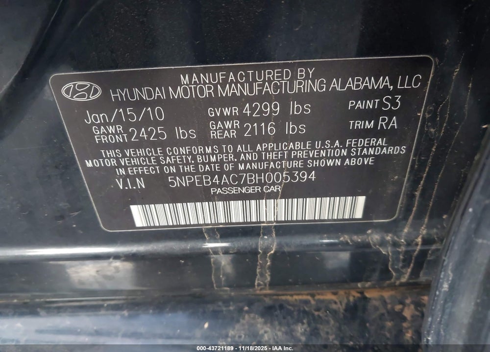 2011 HYUNDAI SONATA GLS VIN: 5NPEB4AC7BH005394