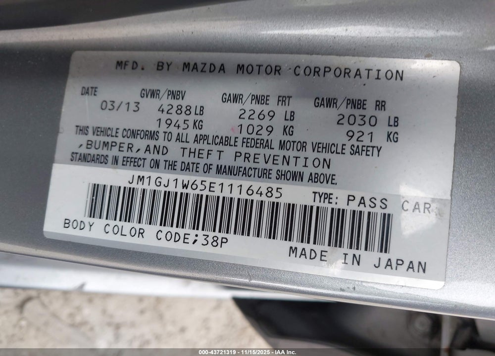 2014 MAZDA 6 I GRAND TOURING VIN: JM1GJ1W65E1116485