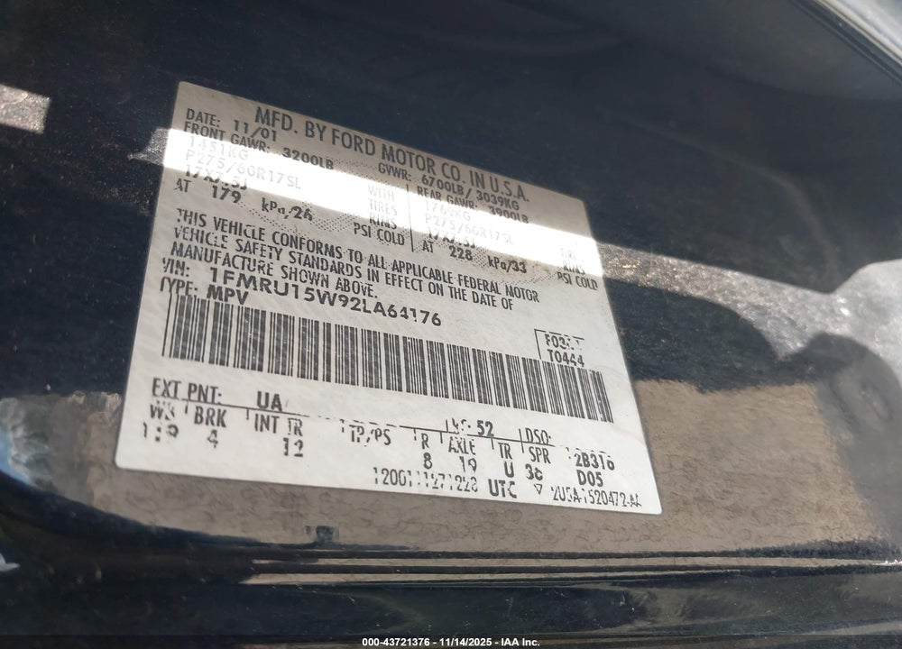 2002 FORD EXPEDITION XLT VIN: 1FMRU15W92LA64176