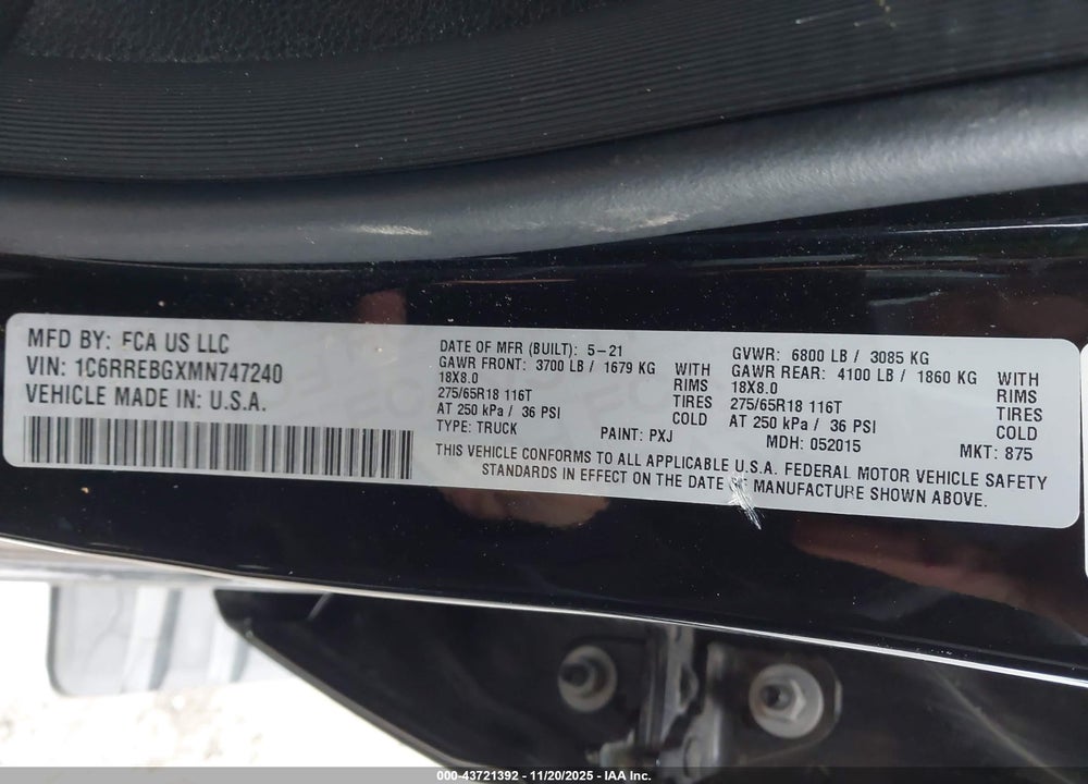 2021 RAM 1500 VIN: 1C6RREBGXMN747240