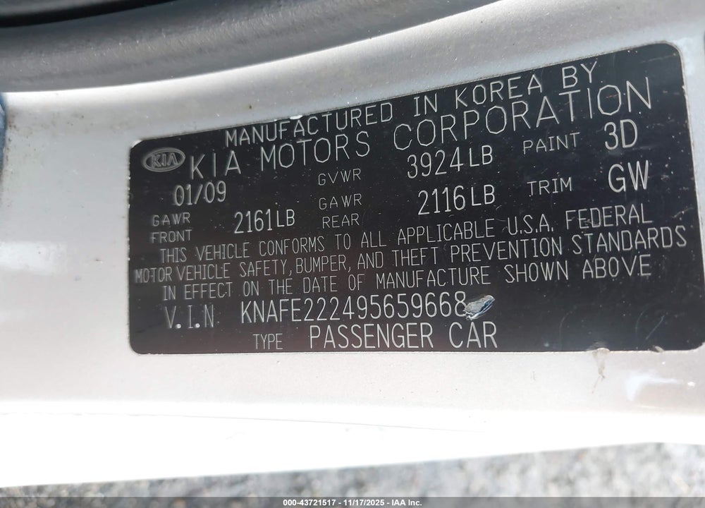 2009 KIA SPECTRA EX VIN: KNAFE222495659668