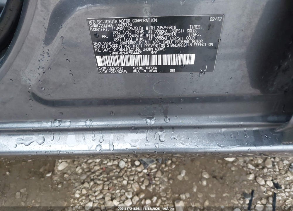 2012 TOYOTA RAV4 SPORT VIN: JTMWF4DV4C5044421