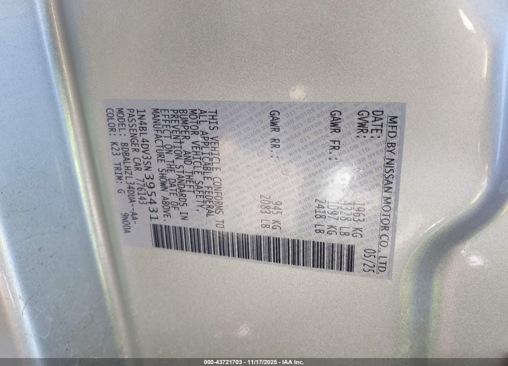 2025 NISSAN ALTIMA VIN: 1N4BL4DV3SN395431