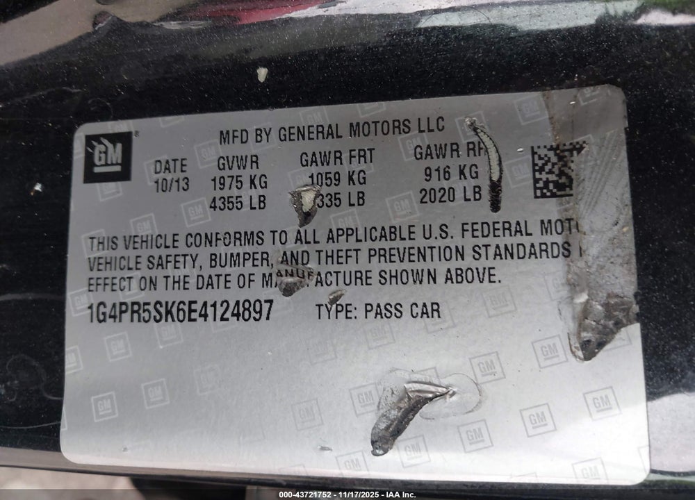 2014 BUICK VERANO CONVENIENCE GROUP VIN: 1G4PR5SK6E4124897