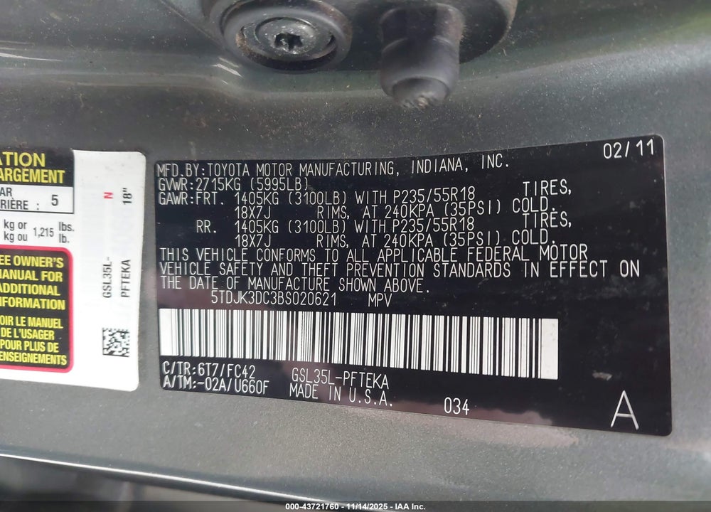 2011 TOYOTA SIENNA LE VIN: 5TDJK3DC3BS020621