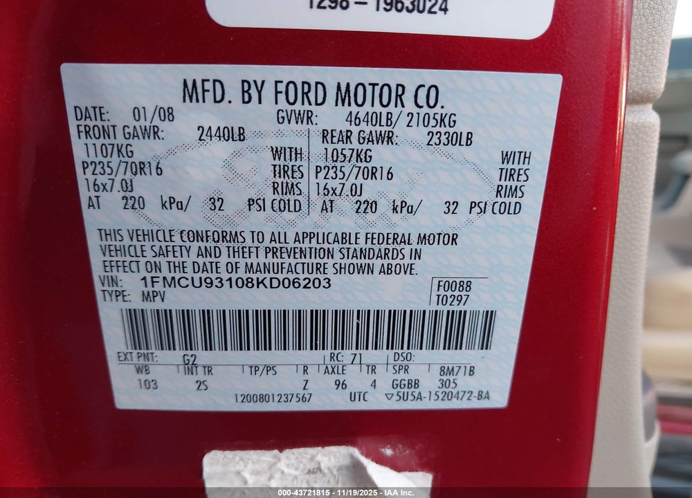 2008 FORD ESCAPE XLT VIN: 1FMCU93108KD06203