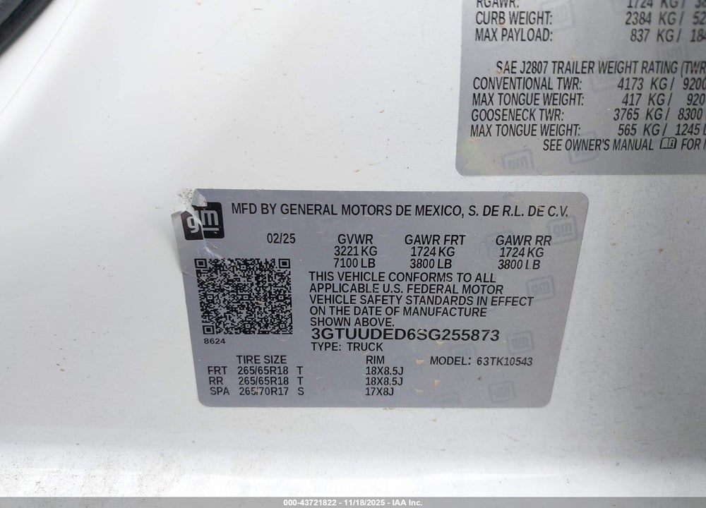 2025 GMC SIERRA 1500 4WD SHORT BOX SLT VIN: 3GTUUDED6SG255873